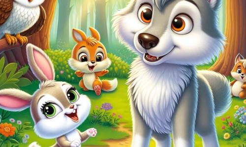 An illustration depicts a young silver-furred wolf with bright, curious eyes standing in a sunny clearing, smiling broadly, with paws slightly apart, ready to share his dream of equality with his friends. Beside him, a small rabbit with large ears and soft fur joyfully dances, her eyes sparkling with excitement and energy. A wise owl perched on a tree branch observes the scene with a kind gaze, its warm brown feathers reflecting intelligence. The main setting is a lush clearing surrounded by tall trees with vibrant leaves, dotted with colorful flowers, where a gentle ray of sunlight filters through the branches, creating a magical and welcoming atmosphere. The main situation shows the young wolf addressing his friends, sharing his idea for a festival to celebrate equality, with animals gathered around him, listening attentively, their faces lit up with enthusiasm and curiosity. Additional elements include flower garlands hanging between the trees, games and activities in the background, and animals of various species preparing to join the celebration, symbolizing unity and diversity.