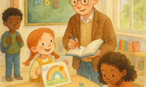 Um professor homem sorridente e afetuoso, cabelo curto castanho, óculos redondos, jaqueta de tweed marrom, segura um caderno aberto e um lápis colorido, postura atenta; um menino tímido de cerca de 7 anos, cabelo preto despenteado, com mochila azul na porta, olha o professor com hesitação; uma menina alegre de 6 anos, tranças ruivas, veste avental amarelo e mostra um desenho colorido; outra menina concentrada de 6 anos amarra um cadarço vermelho perto da mesa do professor. A sala é luminosa, paredes creme, grandes janelas para uma árvore verde, mesas de madeira clara, estantes com livros coloridos e um grande quadro verde com letras móveis caindo levemente. A cena mostra o professor ajudando a turma: abre a janela para o sol entrar, organiza os livros e recebe o novo aluno na porta, atmosfera calorosa, cores em tons pastéis, textura aquarela e adesivos de estrela sobre a mesa.