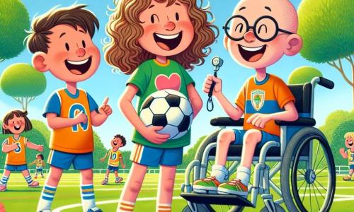 Uma menina de 10 anos, Clara, com cabelos castanhos e cacheados, usa uma camiseta colorida e um short. Ela sorri amplamente, demonstrando alegria e entusiasmo enquanto segura uma bola de futebol. Ao lado dela está Lucas, um garoto de 10 anos, com cabelos raspados e óculos. Ele está sentado em sua cadeira de rodas, sorrindo e segurando um apito, pronto para dirigir o jogo. O cenário é um campo esportivo ensolarado, cercado por árvores verdes e flores coloridas, com cones de sinalização marcando o campo. A cena mostra Clara e Lucas reunindo seus amigos para um jogo de futebol inclusivo, onde todos estão animados e prontos para jogar juntos, ilustrando o espírito de amizade e inclusão.