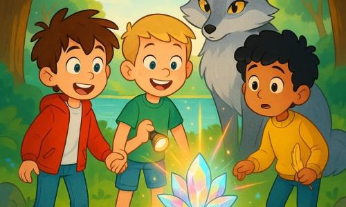 Drei Jungen: Tom (10) mit zerzausten braunen Haaren, blau funkelnden Augen, roter Jacke und Jeans steht links von der großen Kristallblume, hält Bens Hand und blickt staunend; Ben (9) mit kurzen blonden Haaren, Sommersprossen, schelmischem Lächeln und grünem T‑Shirt steht in der Mitte, hält Toms und Max' Hände und schaltet eine kleine Taschenlampe mit warmem Licht ein; Max (10) mit schwarzen Locken, schüchtern-mutigem Ausdruck und senfgelbem Pullover steht rechts vor der Blume und hält eine goldene Feder. Wächter: ein silberner Fuchs mit bernsteinfarbenen Augen und einer kleinen goldenen Feder am Ohr steht leicht zurückhaltend hinter den Kindern, nobel und beschützend. Ort: eine Lichtung auf einer magischen Insel am See mit grünem Gras, kleinen blauen Blumen, mächtigen Bäumen, goldener Bodendunst, moosigen Felsen und einem roten Holzboot namens Aventurewelle am Ufer. Szene: die drei Jungen umringen eine große, strahlende Kristallblume, die regenbogenfarbig leuchtet und kristalline Strahlen auf ihre Gesichter wirft, Schatten vertreibt und funkelnde Lichtpartikel in der Luft erscheinen; helle, gesättigte Farben, einfache expressive Linien, warme magische Stimmung, Komposition zentriert auf die Blume und die vereinten Hände der Kinder.