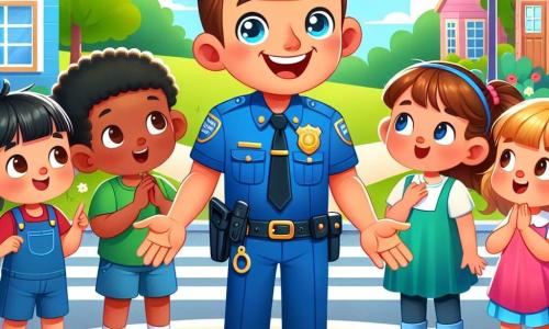Un polițist zâmbitor, îmbrăcat într-un uniformă albastră și cu o șapcă asortată, stă în centrul imaginii cu brațele deschise, arătând bunăvoință. Fața lui este veselă, cu ochi strălucitori și un zâmbet larg care exprimă mândrie și entuziasm. În jurul lui, un grup de patru copii, doi băieți și două fete, în jur de 8 ani, îl înconjoară cu expresii curioase și admirative. Băiatul cu părul brun, purtând un tricou roșu, arată spre polițist, în timp ce fata cu părul blond, îmbrăcată într-o rochie roz, zâmbește și aplaudă. Ceilalți doi copii, un băiat cu părul negru în pantaloni scurți albaștri și o fată cu părul castaniu în tricou galben, ascultă cu atenție. Scena are loc pe o stradă animată, cu copaci verzi și case colorate. Flori multicolore cresc pe trotuar, iar soarele strălucește într-un cer albastru deschis, creând o atmosferă veselă și primitoare. Polițistul le explică copiilor cum să traverseze strada în siguranță, ținând un mic panou de semnalizare în mână. Copiii, captivați de discursul său, sunt atenți și entuziaști, pregătiți să învețe și să devină cetățeni responsabili.