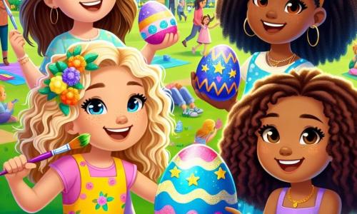 In the center of the image, four twelve-year-old girls are happily standing in a sunny park. Emma, with curly blonde hair and a pink floral dress, is smiling widely while holding a colorful brush. To her right, Mia, with straight brown hair, wears a bright yellow dress and waves a brightly decorated egg. On the left, Zoe, with brown curls and a blue dress, shows a sparkling green egg, while Lily, with chestnut hair and a purple dress, holds a blue egg adorned with stars, her face lit up by a big smile. The park is filled with vibrant flowers, tall trees with lush green leaves, and a clear blue sky dotted with a few white clouds. Families and children are playing in the background, adding a festive atmosphere to the scene. The four friends are preparing for an Easter show, surrounded by their large colorful egg that they painted together. They laugh and share stories about their decorated eggs, ready to showcase their creations to the world during the big egg hunt.