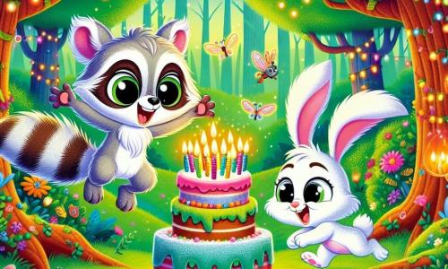 Pipo, un pequeño mapache de pelaje gris y suave, con grandes ojos que brillan de alegría, está en el centro de la imagen, sonriendo ampliamente mientras sostiene un enorme pastel de cumpleaños decorado con velas de colores. A su lado, Timo, un adorable conejo de orejas grandes y pelaje blanco, salta de alegría, sus ojos brillando de emoción, sosteniendo una tarjeta de felicitación hecha a mano. Al fondo, el Bosque Brillante está lleno de árboles majestuosos con troncos marrones y hojas verdes brillantes, mientras que flores multicolores, como caramelos, salpican el suelo. La escena representa una fiesta de cumpleaños alegre, con luciérnagas iluminando el cielo crepuscular, animales del bosque bailando a su alrededor y un ambiente festivo lleno de risas y felicidad.