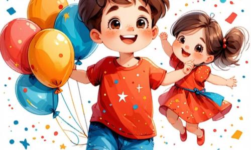 Un bambino di 4 anni, Marco, con capelli castani disordinati e occhi brillanti di gioia, è al centro dell'immagine, sorridendo mentre tiene in mano palloncini colorati. Indossa una maglietta rossa con stelle e pantaloni corti blu, saltando di gioia. Accanto a lui c'è Giulia, una bambina di 5 anni con lunghi capelli biondi intrecciati e un vestito rosa a pois, che decora la porta con ghirlande scintillanti, sorridendo a Marco con entusiasmo. Sullo sfondo, la casa di Marco è decorata per il Capodanno, con luci scintillanti, palloncini appesi al soffitto e un grande tavolo pieno di dolci colorati. Stelle dorate e coriandoli fluttuano nell'aria, creando un'atmosfera festosa. La scena rappresenta Marco e Giulia che preparano insieme una festa gioiosa per celebrare il Capodanno con amici e familiari.