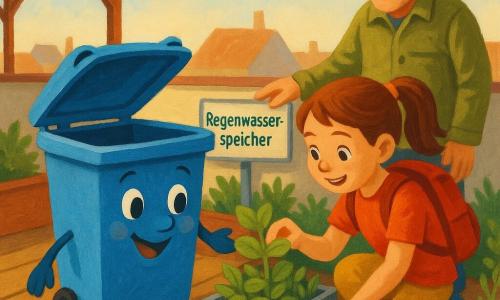 Eine kleine Hauptfigur: eine blaue Metallmülltonne auf Rollen mit klapperndem Deckel, aufgemalten Augen und gemaltem Lächeln, fröhlichem, wohlwollendem Ausdruck und stolzer Haltung auf dem Dach neben Pflanzkästen; ein etwa 9-jähriges Mädchen mit kastanienbraunen Haaren im Pferdeschwanz und rotem Rucksack, neugierig und begeistert, hockt neben der Tonne und berührt vorsichtig ein Minzblatt; ein älterer Hausmeister mit khakifarbener Jacke und Schirmmütze, mildem, geduldigem Gesicht, zeigt auf ein Schild „Regenwasservorrat“ und steht leicht zurückgesetzt hinter den Kästen; der Ort: ein urbanes Dachterrassengarten mit Holzbohlen, rechteckigen Metallkästen voller Basilikum, Minze und Kräutern, Pergola, kleiner Wasserzisterne mit Etikett, Blick auf Hausdächer und hellem Himmel; Situation: die Tonne und das Mädchen erkunden den Dachgarten, das Mädchen pflückt sanft ein Blatt, der Hausmeister erklärt, warme, pädagogische Atmosphäre im sanften Spätnachmittagslicht, lebhafte Farben und sichtbare Acrylstrukturen.