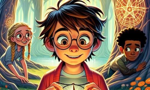 Al centro dell'immagine, un giovane ragazzo di nome Luca, di circa 10 anni, con capelli castani disordinati e occhi brillanti di curiosità, tiene in mano un ciondolo a forma di stella, mostrando un'espressione di meraviglia. Alla sua destra, la sua migliore amica Mara, una bambina con capelli biondi intrecciati e occhiali rotondi, sorride entusiasta, osservando un simbolo misterioso inciso su un albero. A sinistra, Tommaso, un ragazzo con capelli neri e pelle leggermente abbronzata, guarda intorno a sé con un'espressione concentrata, pronto a scoprire nuovi indizi. Lo sfondo è un magnifico boschetto verdeggiante, pieno di alberi maestosi, fiori colorati sparsi sul terreno e un dolce raggio di sole che filtra tra le foglie, creando un'atmosfera magica. In lontananza, un piccolo laghetto scintilla, riflettendo la luce del sole e aggiungendo un tocco di mistero alla scena. I tre amici sono immersi in un'indagine, affascinati dal ciondolo e dai simboli misteriosi, pronti a risolvere il mistero che li circonda, con un'atmosfera di avventura e scoperta palpabile nell'aria.