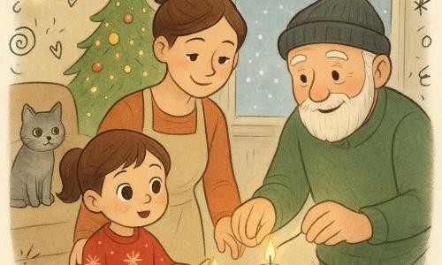 Una bambina di 4 anni, Lina, con grandi occhi curiosi e guance rosse, si trova vicino a un tavolo. Indossa un maglione rosso con motivi di fiocchi di neve e guarda le candele con meraviglia. Sua mamma, una donna sulla trentina, sorridente e calorosa, tiene la mano di Lina. Ha i capelli castani legati in uno chignon e indossa un grembiule da cucina. Il nonno, un uomo anziano con una barba bianca e un cappello, accende una nuova candela. È accanto a Lina, con un sorriso benevolo. Il gatto Micio, un gatto grigio dagli occhi verdi, è seduto sul divano, osservando la scena. La stanza è un salotto accogliente, decorato per Natale, con ghirlande luminose e un albero scintillante nell'angolo. Il tavolo è in legno, ornato di candele di diverse dimensioni e piccoli ornamenti natalizi. La scena principale mostra Lina e la sua famiglia riuniti attorno al tavolo, in un'atmosfera dolce e luminosa, mentre la neve cade dolcemente fuori.