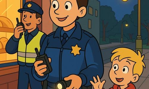 Lina è una poliziotta sorridente e calma, capelli castani raccolti in uno chignon, giacca blu lucida, tiene una radio compatta e una piccola torcia accesa, in piedi sul marciapiede mentre guarda la strada; alla sua destra un bimbo di circa 6 anni con cappotto rosso e capelli biondi saluta con la mano, sguardo meravigliato; un collega di circa 35 anni, volto amichevole, con berretto e gilet rifrangente, sta leggermente dietro a sinistra parlando nel microfono; sullo sfondo una strada di quartiere al crepuscolo con vetrine illuminate, pane in forno visibile, lampioni gialli, alberi e una bassa recinzione; scena centrata su Lina, atteggiamento protettivo e rassicurante, stile da cartone animato anni 90 con colori morbidi, contrasti e tratti semplici e arrotondati.