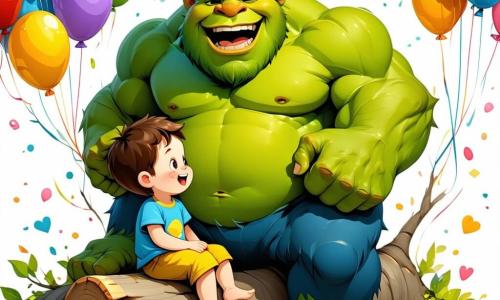 Un gigante orco, di nome Orazio, con la pelle verde e capelli disordinati simili a un cespuglio, ride fragorosamente, con gli occhi scintillanti di gioia. È seduto su un grande tronco d'albero, circondato da palloncini colorati che fluttuano intorno a lui, creando un'atmosfera festosa. Accanto a lui, Gigi, un ragazzo di circa 8 anni con capelli castani arruffati e un sorriso radioso, tiene un palloncino a forma di pesce, ridendo con entusiasmo. Indossa una camicia a righe colorate e pantaloni corti. Lalla, una piccola coniglietta bianca con grandi orecchie, sta vicino a Gigi, saltellando gioiosamente, con gli occhi brillanti di eccitazione. La scena si svolge in una radura incantata, dove gli alberi sono decorati con fiori vivaci e ghirlande di luci scintillanti. Il terreno è coperto di foglie multicolori, e un lago scintillante riflette il cielo blu, aggiungendo un tocco di magia all'ambiente. La situazione principale mostra Orazio che ride così forte che una nuvola di palloncini si alza nel cielo, mentre Gigi e Lalla si preparano a partecipare a un gioco divertente per acchiappare i palloncini che scappano, creando un'atmosfera di gioia e amicizia.