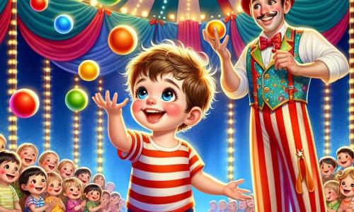 Um menino de 2 anos, Léo, com cabelo castanho bagunçado e olhos brilhantes de alegria, está no centro da imagem, lançando bolinhas coloridas ao ar com um grande sorriso no rosto. Ele usa uma camiseta vermelha listrada e uma calça azul, e sua expressão demonstra uma excitação contagiante. Ao lado dele, um malabarista, um homem de cerca de 30 anos, com um bigode fino e um chapéu alto, o observa com um sorriso encorajador. Ele veste um traje colorido com padrões vibrantes e segura uma bengala de malabarismo, pronto para ajudar Léo. Ao fundo, o circo está decorado com grandes faixas multicoloridas, luzes cintilantes e uma tenda listrada vermelha e branca. Espectadores maravilhados, crianças e adultos, estão sentados em bancos de madeira, aplaudindo e rindo. A cena mostra Léo malabarizando com entusiasmo, as bolinhas flutuando no ar, enquanto o malabarista o incentiva com gestos amigáveis, criando uma atmosfera alegre e mágica no coração do circo.
