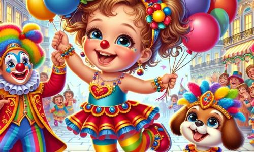 Ein einjähriges Mädchen mit lockigem Haar und funkelnden Augen trägt ein buntes Karnevalskostüm in Rot, Blau und Gelb. Sie springt vor Freude mit einem großen Lächeln im Gesicht und hält bunte Ballons in ihren kleinen Händen. Neben ihr tanzt ein fröhlicher Clown von etwa 30 Jahren mit einer großen bunten Perücke und einer roten Nase und macht Grimassen, was zur festlichen Atmosphäre beiträgt. Ein kleiner brauner Hund mit einer kleinen Karnevalsmaske steht neben ihr und wedelt aufgeregt mit dem Schwanz, bereit zum Spielen. Die Szene spielt in einem lebhaften Dorf, das mit Lichterketten und schwebenden Ballons dekoriert ist, während Menschen um einen großen Platz lachen und tanzen, wo ein Karnevalsfest stattfindet. Das Mädchen und ihre Freunde haben Spaß daran, bunte Ballons zu sammeln, voller Freude und Lachen in einer festlichen und herzlichen Atmosphäre.