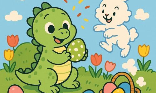 Il protagonista è Lino, un piccolo drago tondo e tenero verde con occhi grandi e sorriso, che tiene tra le zampette un uovo a pois verdi che suona come una campanella; accanto salta una coniglietta di nuvola bianca e soffice con orecchie cadenti che lascia scie di nuvola, e un paniere di vimini sull'erba contiene altri uova colorate; la scena è un prato primaverile di tulipani rossi, rosa e gialli con erba verde e un cuscino di muschio dietro Lino, cielo azzurro con nuvole soffici, mentre una caccia alle uova di Pasqua festosa si svolge con pioggia di coriandoli luminosi.