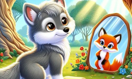 Ilustración que representa a un pequeño lobo con un pelaje suave y sedoso de color gris claro, ojos brillantes y curiosos. Expresa determinación y asombro, de pie sobre una gran roca en el centro de un claro soleado, mirando un espejo brillante que refleja su imagen. A su lado, un astuto zorro con un pelaje naranja vivo y una cola espesa observa con una sonrisa traviesa, listo para alentar al pequeño lobo en su búsqueda. El lugar es un claro mágico, rodeado de grandes árboles con troncos nudosos y hojas brillantes bajo el sol. Flores coloridas bailan al ritmo del viento, y rayos de luz filtran entre las ramas, creando una atmósfera encantada. La situación principal muestra al pequeño lobo frente al espejo de la verdad, listo para descubrir quién es realmente, mientras el zorro lo anima con una mirada cómplice. Otros elementos gráficos incluyen mariposas de colores revoloteando, sombras misteriosas en los rincones del claro y un cielo azul brillante con nubes blancas esponjosas, añadiendo un toque de magia a esta escena de exploración y descubrimiento.