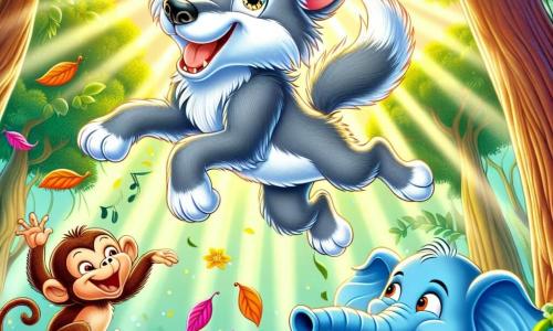 Un lupo gioioso di nome Lupo Lollo, con un pelo grigio e occhi scintillanti di malizia, salta in aria con un grande sorriso, circondato da foglie colorate che volano intorno a lui. Accanto a lui, Scimmietta Rossa, una piccola scimmia dai peli rossi, ride mentre si dondola da un ramo all'altro, mentre Elefantino Blu, un elefante carino con la pelle blu e grandi orecchie, è seduto per terra, ridendo del suo tentativo di salto. Sullo sfondo, la giungla lussureggiante è piena di grandi alberi verdi, fiori vivaci e raggi di sole che filtrano attraverso il fogliame. La scena mostra Lupo Lollo e i suoi amici divertirsi in una competizione di salti, creando un'atmosfera gioiosa e piena di risate.