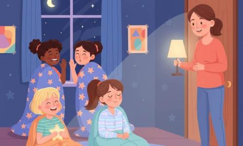Een 12‑jarig meisje, Sophie, zit in een slaapzak in het midden van de scène, sereen en licht glimlachend met halfgesloten ogen; haar moeder (~35) staat bij de open deur met een uitgeschakelde nachtlamp, bemoedigend kijkend; vriendin Emma (12) ligt links in een slaapzak, blond en zacht lachend met een lichtgevende knuffel; twee andere 12‑jarige vriendinnen fluisteren en lachen op de achtergrond onder sterrendekens. De kinderkamer is \'s nachts zacht verlicht, blauw met sterrenstickers en een raam naar een sterrenhemel; het is een pyjamafeestje waarin Sophie haar angst voor het donker overwint, met een warme, kalme sfeer en zachte blauwtinten.