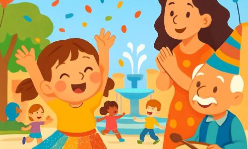 Una bambina di 4 anni, di nome Stella, con capelli castani raccolti in due codini, guance rotonde e rosa, indossa una bella gonna colorata che brilla sotto il sole. Danza gioiosamente, con le braccia alzate e un grande sorriso che illumina il suo viso, circondata da coriandoli multicolori che cadono attorno a lei. Accanto a lei, sua madre, una donna di circa 30 anni con capelli lunghi e ricci, indossa un vestito festivo e applaude con orgoglio, tenendosi leggermente indietro per incoraggiare la figlia. Un uomo anziano, con un grande cappello colorato, si trova un po' più lontano, tenendo un tamburo e sorridendo mentre guarda la scena, contribuendo all'atmosfera gioiosa. Il luogo è una piazza animata, decorata con festoni colorati e palloncini fluttuanti, con bambini che danzano e giocano attorno a una grande fontana, sotto un cielo blu splendente. La scena principale mostra Stella che si diverte a ballare con i suoi amici, tutti uniti in una gioiosa farandola, mentre i coriandoli volano nell'aria, creando un'atmosfera festiva e magica di carnevale.
