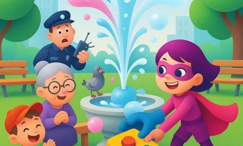Una supereroina sorridente e maliziosa con mantello rosa acceso e capelli corti viola tiene un guanto gigante blu e preme un grande telecomando giallo; un vigilante sorpreso in uniforme blu scuro con fischietto, che tiene il telecomando rotto, è dietro alla fontana; una signora anziana con occhiali tondi e chignon grigio, con una macchia di yogurt rosa sul naso, è seduta su una panchina; un bambino di circa 5 anni con cappellino rosso applaude sulla prato; un piccione grigio fa un piccolo passo di danza sul bordo della fontana; luogo: parco urbano luminoso con prato, alberi e panchine, grande fontana circolare in pietra; situazione: la fontana ha prima sparato yogurt rosa, poi la supereroina ha girato il telecomando su 