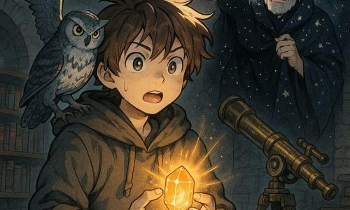 A determined, slightly breathless apprentice wizard boy, Milo, with messy chestnut hair and bright wide eyes, holds a small dawn-colored glass jewel (the emberglass) glowing warm gold; an older man, Master Orin (about 60), with a kindly wrinkled face and short gray beard, in an ink-stained wizard robe, emerges from a starry black surface in the background with one hand on the rim as if pulling himself up; an iridescent-ink-and-silver-feathered owl named Nyx with silver eyes perches on Milo’s shoulder, wings slightly spread and alert; interior: an old stone observatory with a cracked dome and a wide slit of light, a polished brass telescope with visible gears, dusty bookshelves and a stone floor marked by a chalk circle with three small sparkling crystals; main scene: Milo stands center, anchoring a fissure between worlds by holding the emberglass that captures a hook of light while strands of light around the dome’s crack tighten, conveying relieved tension and contained magic; visual style: soft but contrasting colors (night blues, stone grays, warm gold), clean manga-like lines, dramatic lighting on the jewel and fissure, and detailed textures (worn wood, polished metal, drifting dust).