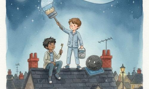 Three characters: Milo, about 10, short chestnut hair, light-blue pajamas and sneakers, stands center on a slate roof holding a large brush dipped in a pot labeled 