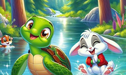 Uma pequena tartaruga chamada Tina, com uma carapaça verde e olhos brilhantes de alegria, nada alegremente em um lago cristalino, suas nadadeiras se agitando na água. Ela exibe um grande sorriso, mostrando que está se divertindo com seus amigos. Ao lado dela, um coelhinho travesso chamado Roni, com pelagem branca e grandes orelhas, salta da água rindo, seus olhos brilhando de excitação. Perto dali, uma raposa chamada Lila, com pelagem ruiva e uma cauda espessa, aplaude enquanto se senta na margem, seu rosto radiante de felicidade. O cenário é uma floresta verdejante, com árvores majestosas ao redor do lago, raios de sol filtrando através das folhas, criando reflexos cintilantes na água. A cena mostra a amizade e a alegria, com os três amigos se divertindo juntos em um momento de pura felicidade.