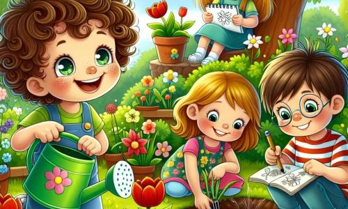 In un giardino soleggiato, quattro bambini sono riuniti attorno a un vaso di fiori. Marco, un ragazzo di sette anni con i capelli ricci e gli occhi scintillanti, tiene un piccolo annaffiatoio verde e sorride felicemente. Alla sua destra, Sofia, una ragazza di sette anni con lunghi capelli castani e un vestito colorato, disegna fiori sul suo quaderno. A sinistra, Luca, un ragazzo di sette anni con capelli biondi e occhiali tondi, scava una piccola buca con una paletta, concentrato sul suo compito. Infine, Davide, un ragazzo di sette anni con capelli castani e una maglietta a righe, è accovacciato mentre pianta con cura dei semi.

Il giardino è pieno di fiori colorati, con tulipani rossi, margherite bianche e giunchiglie gialle che danzano al vento. Sullo sfondo, un grande albero con foglie verdi brillanti offre ombra, mentre un cielo blu chiaro è punteggiato da alcune nuvole bianche e soffici.

I bambini si divertono a piantare fiori insieme, ridendo e condividendo biscotti a forma di fiore, celebrando così l'arrivo della primavera e la loro amicizia.