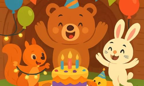 A soft, round teddy bear with brown fur and sparkling eyes stands in the center, smiling widely and raising its arms in excitement to celebrate its birthday. To its right, a rabbit with big white ears and rosy cheeks joyfully dances with its hind legs in the air. On the left, a curious and playful red squirrel holds a string of twinkling lights that it is trying to shake. A bright yellow duck, with a smiling beak, is slightly behind, jumping in place with a party hat on its head, full of excitement. The scene takes place in a cozy bear den decorated with colorful balloons and string lights, featuring warm wooden walls and a fluffy rug. In the center, a large table is laden with brightly colored cakes, sparkling candles, and shiny confetti. The bear and its friends are celebrating together, laughing and dancing around the twinkling lights, creating a festive and joyful atmosphere.