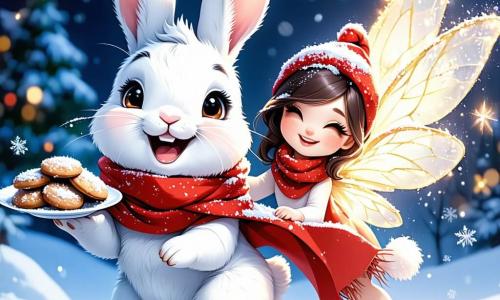 A little bunny named Benny, with big bright eyes and floppy ears, is joyfully hopping in the sparkling snow, a big smile on his face. He wears a red scarf and a small Christmas hat, holding a plate of delicious cookies in his paws. Next to him is Twinkle, a tiny fairy with sparkling wings and golden hair, radiating happiness as she sprinkles magical glitter around them, adding a touch of magic to the scene. The setting is a snowy village with wooden houses adorned with twinkling lights and Christmas trees decorated with colorful ornaments, all under a starry sky where the moon shines softly. The main scene shows Benny and Twinkle sharing cookies and laughter with their animal friends, creating a warm and festive atmosphere full of joy and friendship.