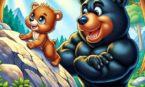 Little Bear, a small brown bear with sparkling eyes and a wide smile, climbs enthusiastically onto a large rock, his little paws gripping the rough surface, displaying an expression of determination and joy. Beside him, Champion Bear, a large muscular black bear with shiny fur and an encouraging look, smiles broadly, standing firmly on another rock, ready to help. The setting is a beautiful sunny forest with lush green trees and rays of sunlight filtering through the leaves, illuminating the rocky path leading to majestic peaks. The main scene shows Little Bear and Champion Bear in the midst of their climb, sharing a moment of camaraderie and challenge as they strive to reach the top of a large rock, surrounded by vibrant and colorful nature.