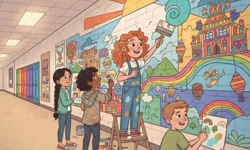 Twelve-year-old Mia, joyful and focused with curly red hair and freckles, stands on a small step stool holding a large turquoise-stained paintbrush in paint-splattered denim overalls; to her left Amina, 12, of Moroccan origin with lightly tanned skin and black curly hair tied with a geometric scarf, adds orange and blue mosaic patterns; to Mia's right Liam, 12, of Irish descent with light brown hair and a mischievous smile, paints green shamrocks and rainbows while crouched by a paint box; slightly behind them Jasmine, 12, from the Philippines with fair skin and braided black hair, shy but proud, holds a colorful sheet depicting the Pahiyas festival; they work together in a wide school hallway with a long light-brick wall turned into a mural, colorful lockers and Diversity Week posters in the background, open paint pots and rags on the floor, painting a collaborative, enthusiastic mural celebrating diversity with a sunrise at the top, cultural symbols, vivid colors and visible brushstroke textures.