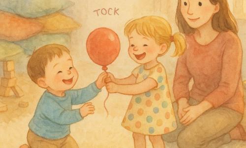 Ben ist ein etwa zweijähriger Junge mit rundem Gesicht, kurzen braunen Haaren, rosigen Wangen und lachenden Augen, der sanft an einem kleinen roten Ballon zieht und lächelnd lacht; seine Schwester Mia, etwa vier Jahre alt, mit blonden Zöpfen und einem bunten gepunkteten Kleid, hält die andere Seite und lacht ebenfalls, während die etwa 30-jährige Mutter mit braunen Haaren auf dem großen cremefarbenen, weichen Teppich neben den Kindern sitzt, die Hände gefaltet und sie mit mildem Blick anlächelt; im Wohnzimmer liegen bunte Kissen, ein halb umgestürzter Holzwürfelturm und Keksbrösel auf einem niedrigen Tisch, warmes Abendlicht fällt durchs Fenster; Hauptszene: die Kinder ziehen den roten Ballon, er macht ein kurzes "tock" in der Luft, gemeinsames Lachen und ein sanftes fröhliches Hinfallen auf den Teppich, in weichem Aquarellstil mit Pastellfarben, feinen Linien und sichtbarer Papierstruktur.