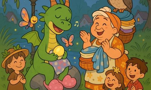 Un piccolo drago bambino sorridente dalle scaglie verde tenue, con ciabatte rosa troppo grandi, seduto su una grande pietra liscia vicino a un ruscello, tiene una copertina a pois e culla una piccola pietra che brilla mentre canta una ninna nanna; accanto a lui la signora Brocca, anziana lavandaia tonda in abito a fiori dagli occhi dolci, sorregge una pila di panni colorati e segue il ritmo battere le mani; una farfalla di carta multicolore posa sulla spalla del drago e batte le ali come un metronomo; Guardino, il gufo scettico dal piumaggio grigio-bruno, osserva dall'alto di un vecchio lampione con aria divertita; alcuni bambini del villaggio raccolgono cappelli insoliti a terra, alcuni con foglie e fiori piantati sopra; ambientazione: riva al crepuscolo con erba ondeggiante, salici dal fogliame cadente, pozzanghere che riflettono, lucciole e una stella bassa; scena: momento tenero e buffo in cui il drago calma un antico incantesimo raffigurato dalla pietra luminosa mentre intorno tutto viene rimesso in ordine.