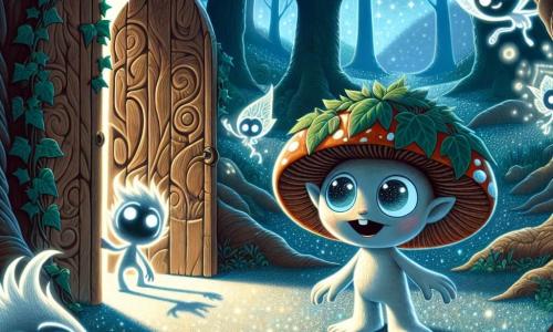 Flibber, a small fantastical character the size of a toadstool, stands at the center of the scene, wearing a crown of shimmering leaves and with eyes as bright as marbles. His face shows a mix of curiosity and excitement as he discovers an ancient door, surrounded by ivy and moss, slowly opening before him. Nearby, the Shadowlings, ethereal shadow creatures, float in the air. One, with glowing eyes and a wavering silhouette, watches Flibber with a blend of concern and encouragement, while another, smaller one, hides behind a twisted tree, its wide eyes revealing fear. The setting is a mysterious glade bathed in silver light, with twisted branches reaching toward the starry sky. The ground sparkles like an ocean of sapphires, and shadows dance around the characters, creating a magical yet slightly unsettling atmosphere. The main situation shows Flibber, awed and a bit scared, facing the mysterious door that opens into an unknown world, as the Shadowlings watch, ready to assist him in his adventure.