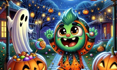 Un piccolo mostro verde, con grandi occhi rotondi e un sorriso splendente, indossa un costume arancione brillante decorato con motivi neri luccicanti. Salta di gioia in un giardino decorato per Halloween, circondato da lanterne a forma di zucca e fantasmi di carta. Accanto a lui, un piccolo fantasma, fluttuando nell'aria con un lenzuolo bianco e occhi pieni di curiosità, guarda il mostro con ammirazione, mentre tiene in mano una manciata di caramelle colorate. Più lontano, un gnomo allegro, con una barba rossa e un cappello a punta, danza ridendo, aggiungendo un tocco di magia alla scena. Il luogo è un quartiere festivo, illuminato da stelle scintillanti e decorazioni di Halloween, con case adornate da ragnatele e luci tremolanti. La scena principale mostra il piccolo mostro che usa i suoi poteri magici per aprire una porta di legno decorata, rivelando un castello di caramelle all'interno, mentre risate e grida di gioia risuonano attorno a lui.