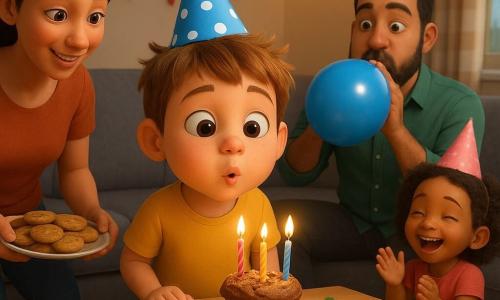 Un bambino di 4 anni, felice e meravigliato, soffia le candeline su una piccola torta; ha capelli castano chiaro spettinati, occhi nocciola e guance rosate, indossa un cappellino di festa blu a pois e una maglietta gialla; la madre (circa 30 anni) sorridente, capelli castani raccolti, tiene un vassoio di biscotti dietro la tavola a sinistra; il padre (circa 35 anni), barbuto con camicia verde, gonfia un palloncino a destra vicino al divano; una bambina vicina di circa 5 anni con cappellino di carta rosa applaude davanti al tavolo; un cugino di 4 anni con berretto rosso è accucciato a giocare con una trombetta di plastica; il salotto è accogliente con divano grigio, tavolino chiaro, ghirlande colorate, luci LED calde e una finestra con tenda a righe; biscotti su un piatto, coriandoli, e una scatola di enigmi sul tavolo; scena di festa calma e luminosa, colori saturi, texture morbide, composizione centrata sul bambino che soffia le candeline, stile film d'animazione 3D con illuminazione calda e resa dettagliata dei tessuti e degli oggetti di festa.