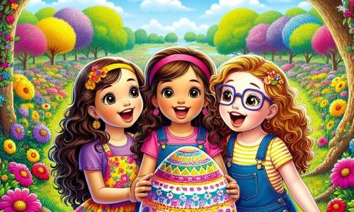 Al centro dell'immagine, tre bambine felici stanno insieme: Sofia, una ragazza di nove anni con lunghi capelli castani e occhi scintillanti, indossa un vestito colorato decorato con fiori. Alla sua destra, Giulia, una ragazza di nove anni con capelli biondi ricci e un sorriso radioso, è vestita con una gonna rosa e una maglietta gialla. A sinistra, Martina, una ragazza di nove anni con capelli castani e occhiali, indossa una salopette in denim e una maglietta a righe. Loro si trovano in un parco fiorito, pieno di fiori colorati in tonalità vivaci di rosso, giallo e viola, con alberi maestosi e un grande cielo blu sopra di loro. Le tre amiche stanno scoprendo un enorme uovo di Pasqua brillante, decorato con motivi colorati, sotto un albero, meravigliate e pronte ad aprirlo per scoprire il tesoro che contiene.