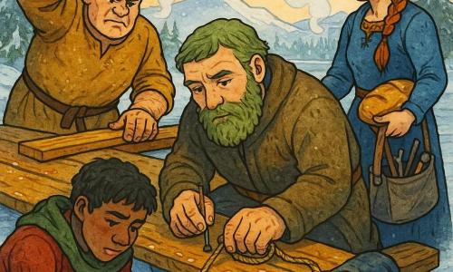 Einar: hombre de rostro serio y benevolente, barba gruesa verdosa como liquen, abrigo de lana gruesa, sostiene una cuerda y un clavo mientras fija una tabla del muelle. Aslak: hombre de unos 45 años, corpulento y musculoso, gesto hosco, martillo en alto, clava una tabla a la izquierda de Einar. Tove: mujer de unos 30 años, trenza, mirada decidida, bolso de herramientas y pan caliente bajo el brazo, presta una tabla a la derecha de Einar. Knut: joven de unos 17 años, rostro apenado pero concentrado, manos enrojecidas por el frío, arrodillado atando una cuerda fuerte junto a la grieta del muelle. Lugar: muelle de madera desgastada junto a un fiordo helado, tablas húmedas, hielo agrietado al final, pinos nevados y montañas bajas bajo un cielo pálido matinal. Situación: reparación colectiva del muelle tras una grieta en el hielo — martillos, clavos, cuerdas y tablas nuevas, luz fría de la mañana que hace brillar la resina y el vapor de las respiraciones.