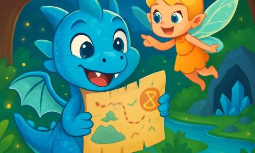 Lumo, un piccolo drago blu con squame scintillanti e ali traslucide, si trova al centro della scena, con gli occhi brillanti di eccitazione e un ampio sorriso sul volto. Tiene una mappa antica tra le sue artigli, guardandola con curiosità. Accanto a lui, una piccola fata dai capelli dorati e ali iridescenti, di nome Lila, vola gioiosamente, con gli occhi pieni di entusiasmo. Punta un simbolo dorato sulla mappa, pronta ad aiutare Lumo nella sua ricerca. La scena si svolge in una foresta incantata, dove alberi maestosi si ergono verso il cielo, circondati da fiori colorati e lucciole scintillanti nell'aria crepuscolare. Un dolce ruscello serpeggia attraverso il paesaggio, riflettendo le stelle che iniziano a comparire. Lumo e Lila, mentre esplorano, scoprono un tesoro nascosto, una grotta antica adornata di cristalli brillanti, mentre raggi di luce filtrano attraverso il fogliame, illuminando il loro cammino con un bagliore magico.