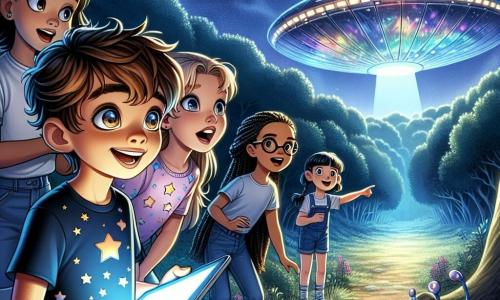 Un chico de 11 años, Lucas, con el cabello castaño alborotado y ojos brillantes de curiosidad, se encuentra en el centro de la imagen, mirando asombrado una hermosa nave espacial con reflejos iridiscentes, que acaba de aterrizar en un claro del bosque. Lleva una camiseta azul con estrellas y un short de mezclilla, y su rostro expresa alegría y emoción. A su lado, Valeria, una niña de 11 años con gafas redondas y cabello largo y rizado, sostiene una tableta, fascinada por la tecnología extraterrestre. Detrás de ellos, Tomás, un chico de 10 años con cabello negro liso, toma notas en un cuaderno, mientras que Sofía, una niña de 10 años con trenzas y una sonrisa radiante, señala la nave con entusiasmo. El lugar es un claro encantador, iluminado por la luz de la luna y rodeado de árboles majestuosos. La nave, de forma orgánica y brillante, emite un suave resplandor, creando una atmósfera mágica y misteriosa. La escena principal muestra a Lucas y sus amigos descubriendo la nave extraterrestre, listos para conocer seres de otro mundo, llenos de asombro y anticipación por esta increíble aventura que les espera.
