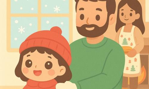 Uma menina de 2 anos, Luzia, com grandes olhos brilhantes e bochechas rosadas, sorri alegremente. Ela usa um gorro vermelho e luvas brancas. Está de pé diante de uma janela, olhando a neve cair lá fora. Ao lado dela, seu pai, um homem de cerca de 30 anos, com barba curta e um suéter verde, a segura nos braços. Ele sorri ternamente olhando para Luzia. Ao fundo, vê-se uma mãe de cerca de 28 anos, com cabelos longos e castanhos, usando um avental com motivos de Natal, tirando um pão dourado do forno. O ambiente é acolhedor, com uma lareira crepitante e uma grande mesa de madeira coberta de doces de Natal. Uma grande janela mostra flocos de neve caindo suavemente lá fora. A situação principal mostra Luzia maravilhada com a neve, criando uma atmosfera de festa e calor familiar.