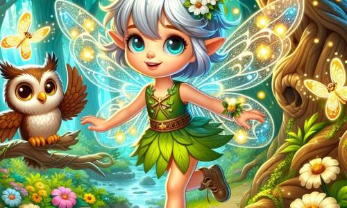 Lyria, a fairy with silver hair and star-bright eyes, flies determinedly through the enchanted forest. Her face shows brave resolve, while her translucent wings shimmer in the sunlight filtered through the leaves. Orin, the wise owl, perches on a nearby branch, his brown and golden feathers blending with the forest colors. He watches Lyria attentively, ready to offer advice. Flick and Flare, the pretty twin fireflies, dance around Lyria, their tiny golden lights illuminating the path. They are joyful and playful, adding a touch of magic to the atmosphere. The setting is a lush forest, where majestic trees with gnarled trunks rise to the sky, their leaves vibrant with green and gold. Colorful flowers bloom with every step, and a stream murmurs gently, creating a soothing melody. The main scene shows Lyria, determined to find the Stone of Harmony, embarking on a mysterious path surrounded by her friends, ready to face the challenges ahead.