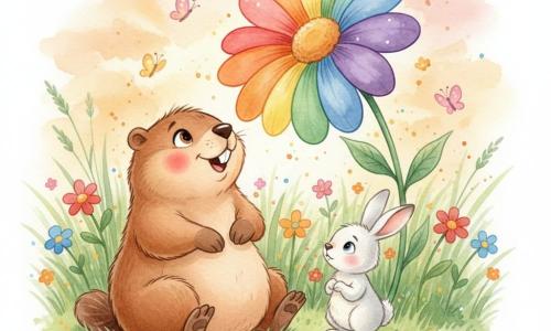A round, plush marmot with warm brown fur and rosy cheeks smiles joyfully at a giant rainbow-petaled flower, sitting on the grass with front paws down and bright, wonder-filled eyes; beside it stands Benny, a shy but curious white rabbit with long ears, in a sunny meadow of tall green grass and colorful flowers with a few butterflies, under a soft orange-pink sunset, tender, peaceful scene with gentle features and rounded shapes.