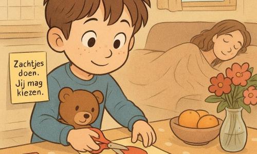 Een 6-jarige jongen met een rond gezicht en sproeten, warrig bruin haar, grote verwonderde ogen en een verlegen glimlach houdt een teddybeer onder zijn arm en fluistert bij de keukentafel; op de achtergrond ligt de moeder (ongeveer 30–35) met los haar onder een deken op de bank vredig te slapen; de vader is alleen aanwezig via een briefje op de tafel met handschrift: "Zachtjes doen. Jij mag kiezen." De kleine gezellige keuken heeft lichte tegels, een lichte houten tafel met een stippenkleed, een jampot, een schaal met citrus, een vaas met rode en roze bloemen en verspreid kleurig papier, stiften en glitters. De jongen maakt stilletjes met schaar en lijm een kaart, gebogen over het papier terwijl zacht ochtendlicht door het raam warme schaduwen werpt; de sfeer is teder, rustig en vol verwachting, in pastelkleuren met zachte texturen, ronde vormen en licht geschetste contouren.