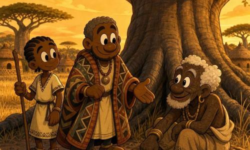 Homem Juma, emocionado e sereno, pele morena quente, cabelos curtos grisalhos, vestido com um grande casaco de tecido geométrico, sorri e estende a mão; menino Kofi, ~14 anos, rosto juvenil, pele morena, cabelos trançados curtos, túnica clara e bastão de pastor, à esquerda de Juma observando com curiosidade; velho sábio, ~70 anos, pele escura rachada, cabelos brancos tufados, olhos brilhantes, sentado sob um alto baobá com raízes grossas, sorri e aponta o chão; cenário: clareira de savana banhada por luz dourada do entardecer, ervas altas, acácias e ocas ao fundo, atmosfera calorosa e mágica de um conto africano, luz suave filtrada pelas folhas e partículas de poeira no ar.