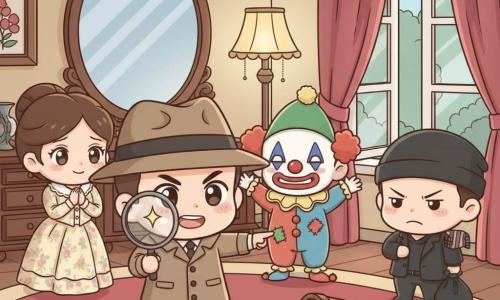 Detective Daniel, round-faced with large eyes and a determined expression, wears a beige trench coat and a slightly crooked fedora, holds a shiny magnifying glass and points to the floor; Jolly Jack, a 25-year-old clown in a colorful, torn costume with faded smiling makeup, looks relieved and stands slightly behind the detective with hands raised in surprise; Sneaky Sam, a 30-year-old thief with a guilty look, clutches a small black bag and has a striped cloth hanging from his jacket, cornered by an open window as if about to escape; Mrs. Fairview, about 55, soft-faced in an elegant floral dress, stands by a dresser with hands clasped and teary eyes; setting: a Victorian manor parlor with a red carpet, a large antique mirror, heavy curtains partly open, overturned potted flowers and warm lampshade lighting; main situation: the detective discovers the thief and displays the evidence, creating a slightly tense but reassuring, colorful scene with dynamic composition and clear contrasts so each character reads well.