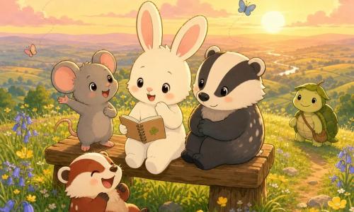 Pipkin, a young white rabbit with big soft ears and a pink nose, sits at the center of a wooden bench smiling shyly while holding a small open notebook; Mico, a small grey mouse with bright eyes, stands to the left with a paw raised as if pointing out the view; Bess, a round spotted badger-like creature, sits to the right with folded paws near Pipkin and a calm smile; Benny, a small reddish badger, laughs while hopping at the foot of the bench facing his friends; Tilda, a turtle with a light green shell and a leaf hat, approaches slowly on the hill in the background watching fondly; setting: a sunny meadow on a small hill with vibrant green grass, buttercups and bluebells, a soft orange-pink sunset sky and a few silhouetted butterflies and birds; main scene: four friends share a wooden bench at the hilltop in a warm, serene, golden-lit, centered composition with bright pastel colors, simple rounded shapes, minimalist kawaii style and an atmosphere of camaraderie and gentle adventure.