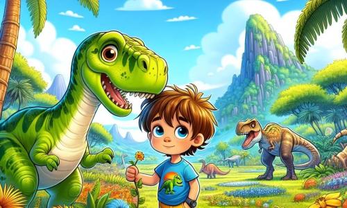 Een 6-jarig jongetje genaamd Tim staat in het midden van de afbeelding, met rommelig bruin haar en grote ogen die glinsteren van nieuwsgierigheid. Hij draagt een blauwe t-shirt met een dinosaurusafdruk en een gele korte broek, met een verwonderde glimlach terwijl hij een prehistorische wereld ontdekt. Naast hem staat Dino, een grote groene dinosaurus met een lange, vriendelijke nek, die naar Tim leunt met een warme blik, zijn schubben glinsteren in de zon. De achtergrond toont een levendig prehistorisch landschap, vol grote varens, gigantische bloemen in felle kleuren en majestueuze bomen, onder een stralende blauwe lucht. Op de achtergrond zijn verre bergen en andere dinosaurussen te zien die vredig bewegen. De hoofdscène toont Tim en Dino die vrolijk discussiëren terwijl ze sappige vruchten verzamelen om een hongerige T-Rex te voeden, die iets verderop staat met een nieuwsgierige en een beetje verdrietige uitdrukking, klaar om hun aanbod te proeven.