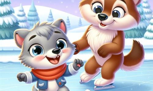 A little wolf named Wally, with gray fur and sparkling joyful eyes, glides on a frozen lake, laughing and having fun, his small paws like ice skates. Beside him, his mother, a large she-wolf with brown fur and gentle eyes, encourages him with a warm smile, holding his paw to help him balance. The setting is an enchanting winter landscape, with trees covered in shimmering snow, snowflakes gently falling from the light blue sky, and white hills as far as the eye can see. The scene captures the joyful moment when Wally learns to skate on ice, surrounded by the magic of winter and his mother's love.