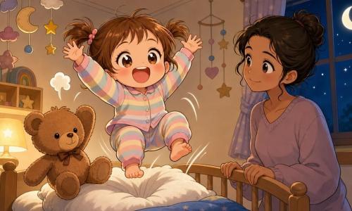 Menina de 2 anos, radiante e travessa, cabelo castanho-claro em rabo curto, olhos grandes e bochechas rosadas, pulando e rindo num pequen o cama de madeira com pijama listrado em tons pastéis, mãos ao alto; ao lado, um ursinho de pelúcia marrom médio com pata levantada como se participasse; um travesseiro branco bem macio sob a cabeça, ligeiramente comprimido com um “pouf”; a mãe, cerca de 30 anos, cabelo preso e sorriso terno, de pé junto à grade, olhando com carinho; quarto pequeno e acolhedor com paredes creme, móbiles de papel, coberta azul estrelada, lua na janela e luz quente; cena de hora de dormir enérgica e divertida, sombra de pato no teto, composição centrada, formas arredondadas, paleta pastel suave e atmosfera segura e alegre.