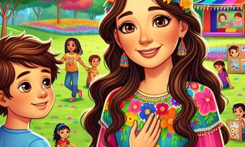 No centro da imagem, Clara, uma mulher de cerca de trinta anos, sorri calorosamente, com seus longos cabelos castanhos flutuando suavemente ao vento. Ela usa um vestido colorido decorado com padrões florais, e seus olhos brilham de empatia enquanto escuta atentamente as crianças ao seu redor. À sua direita, Miguel, um menino de 10 anos com cabelos cacheados e camiseta azul, parece um pouco tímido, mas determinado, compartilhando uma história com seus amigos. À esquerda, Ana, uma menina de 9 anos com tranças, sorri alegremente, segurando um cartaz com emoções desenhadas, pronta para participar da atividade. O cenário é um parque vibrante, com árvores verdes, flores brilhantes e um céu azul claro. Ao fundo, uma pequena cena está decorada para o Festival da Paz, onde crianças dançam e brincam alegremente. Clara explica às crianças a importância da paz e da compreensão, enquanto elas se reúnem ao seu redor, cativadas por suas palavras. A atmosfera é alegre e cheia de energia, simbolizando a unidade e a harmonia na comunidade.