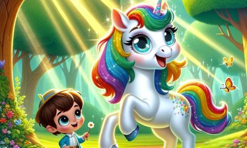 Într-o poiană însorită din Pădurea Veselă, o magnifică unicorniță numită Lira stă în centrul imaginii. Are o coamă strălucitoare în culorile curcubeului, care sclipeste sub razele soarelui. Ochii ei mari și strălucitori exprimă bucurie și curiozitate, în timp ce dansează grațios pe labele ei elegante, înconjurată de flori colorate. Aproape, Dori, un băiat de 8 ani cu părul castaniu și ochi sclipitori, o observă pe Lira cu uimire. Poartă o jachetă albastră și o pălărie magică care își schimbă culoarea. Dori zâmbește larg, ținând o mică flaut din lemn, pregătit să cânte o melodie pentru a însoți dansul Lirei. Locația este o poiană verde, înconjurată de copaci cu trunchiuri groase și frunze strălucitoare, unde razele de lumină filtrează prin frunziș. Fluturi multicolori zboară în jur, adăugând o notă de magie atmosferei. Situația principală arată cum Lira dansează cu bucurie, în timp ce Dori se pregătește să cânte o melodie antrenantă. Împreună, creează o atmosferă festivă, plină de râsete și muzică, atrăgând atenția creaturilor din pădure care îi înconjoară, gata să se alăture petrecerii.